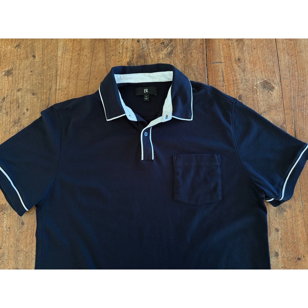 Banana Republic Mens Navy Blue White Tipped Short Sleeve Pocket Polo Shirt Large